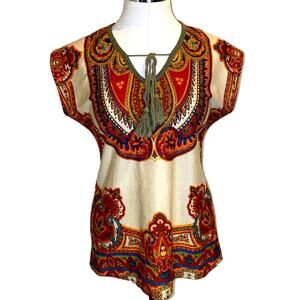 Bohemian Paisley Print Tie Front Cap Sleeve shirt size Small